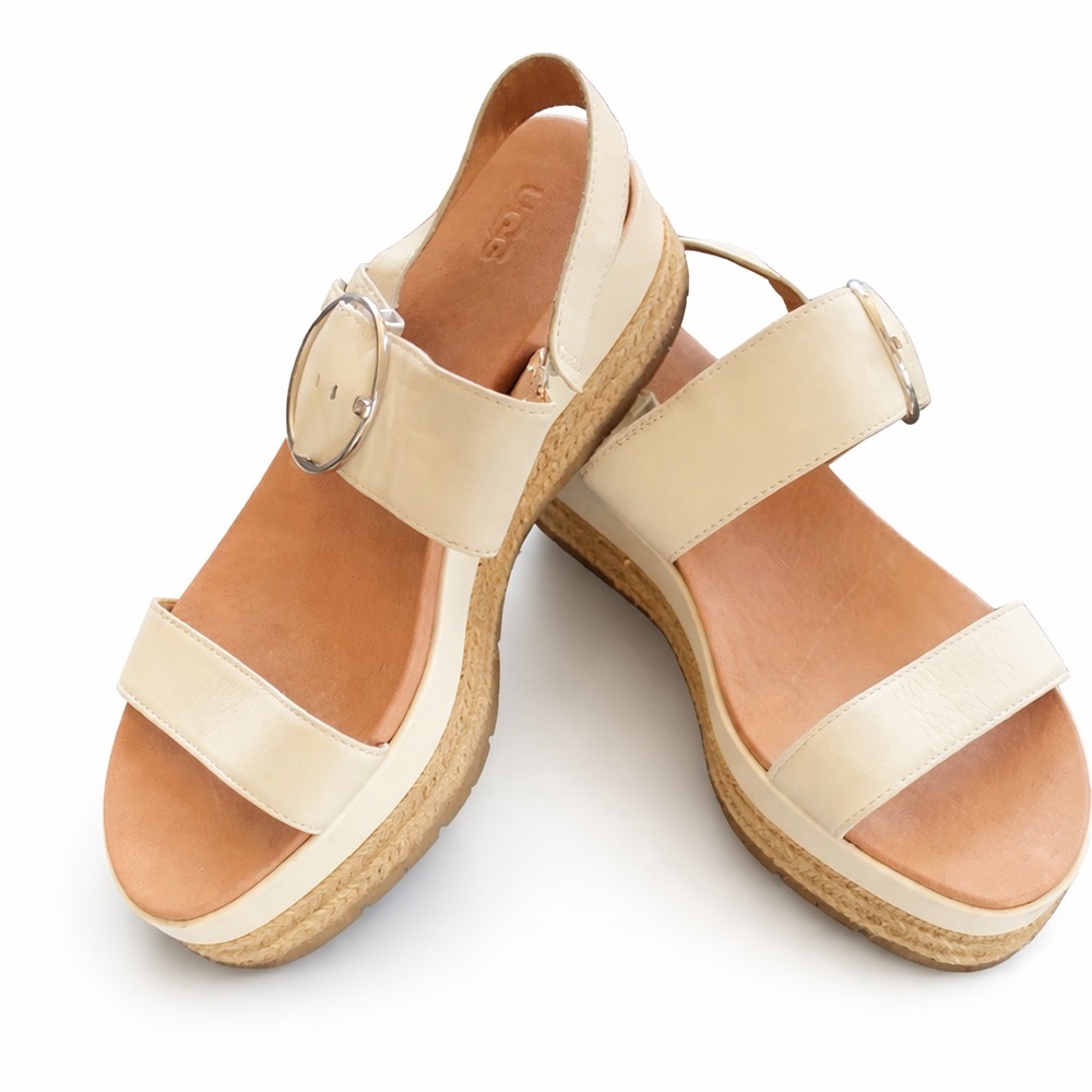 UGG April Jasmine Leather Platform Espadrille Sandals Cream Size 10